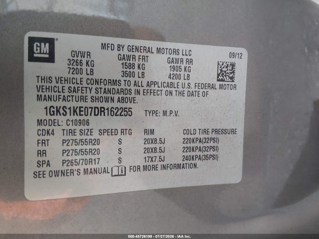 2013 Gmc Yukon Xl 1500 Slt მანქანა იყიდება აუქციონზე, vin: 1GKS1KE07DR162255, აუქციონის ნომერი: 45726199