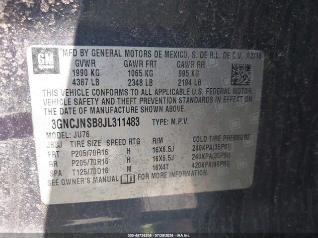 Aukcja sprzedaży 2018 Chevrolet Trax Ls, vin: 3GNCJNSB8JL311483, numer aukcji: 45726209