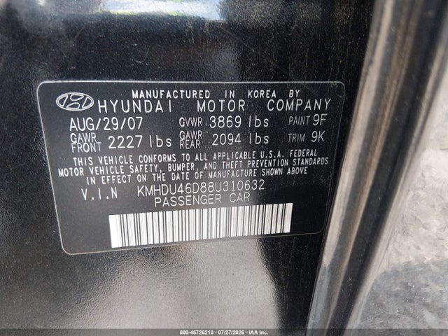 2008 Hyundai Elantra Gls/se მანქანა იყიდება აუქციონზე, vin: KMHDU46D88U310632, აუქციონის ნომერი: 45726210