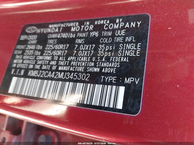 45726220 :رقم المزاد ، KM8J2CA42MU345302 vin ، 2021 Hyundai Tucson Se مزاد بيع
