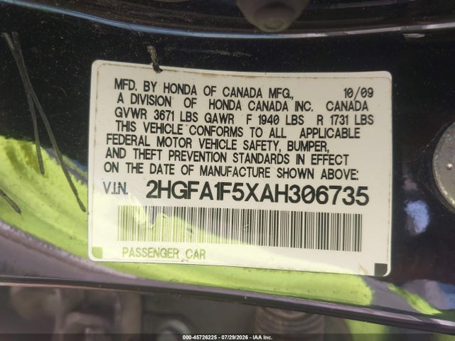 Aukcja sprzedaży 2010 Honda Civic Lx, vin: 2HGFA1F5XAH306735, numer aukcji: 45726225