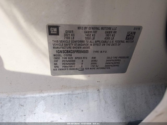 45726244 :رقم المزاد ، 1GNSCBKC6FR584905 vin ، 2015 Chevrolet Tahoe Lt مزاد بيع