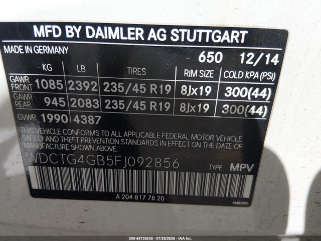 Aukcja sprzedaży 2015 Mercedes-benz Gla 250 4matic, vin: WDCTG4GB5FJ092856, numer aukcji: 45726248