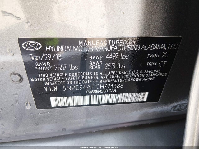 Продаж на аукціоні авто 2018 Hyundai Sonata Limited, vin: 5NPE34AF1JH724386, номер лоту: 45726249
