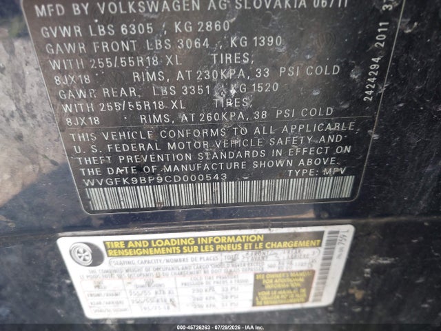 Продаж на аукціоні авто 2012 Volkswagen Touareg Tdi Sport, vin: WVGFK9BP9CD000543, номер лоту: 45726263