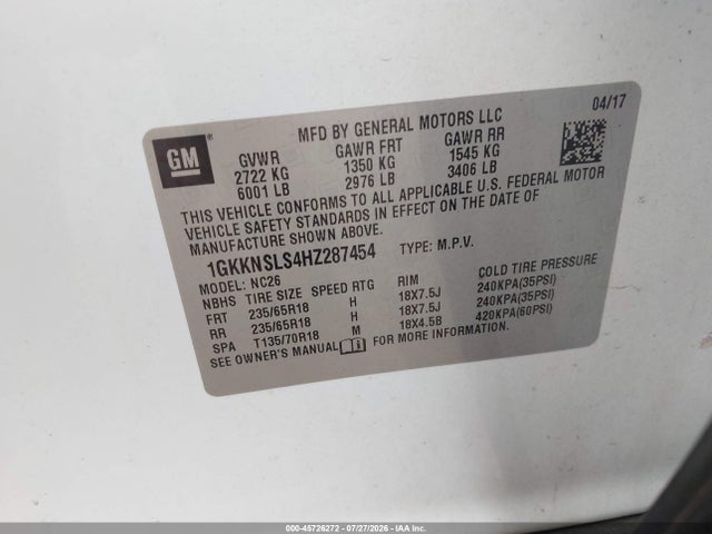 Продажа на аукционе авто 2017 Gmc Acadia Sle-2, vin: 1GKKNSLS4HZ287454, номер лота: 45726272