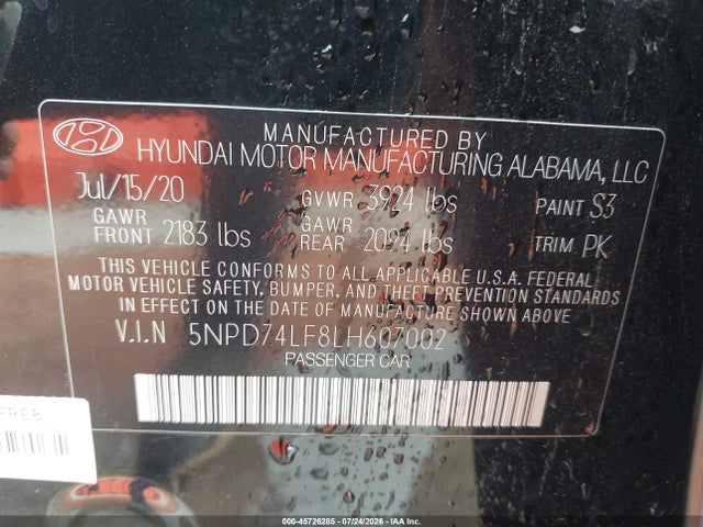 Продаж на аукціоні авто 2020 Hyundai Elantra Se, vin: 5NPD74LF8LH607002, номер лоту: 45726285