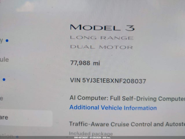 Продаж на аукціоні авто 2022 Tesla Model 3 Long Range Dual Motor All-wheel Drive, vin: 5YJ3E1EBXNF208037, номер лоту: 45726287