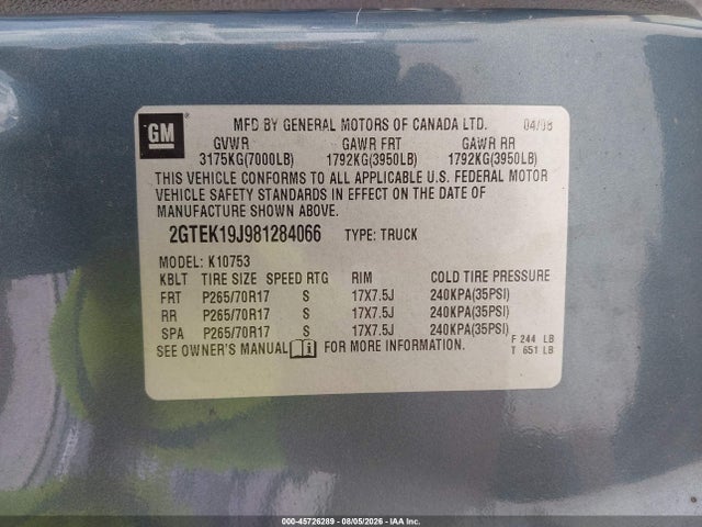 Продаж на аукціоні авто 2008 Gmc Sierra 1500 Sle1, vin: 2GTEK19J981284066, номер лоту: 45726289