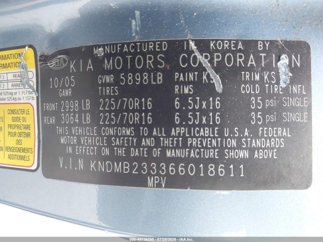 Продаж на аукціоні авто 2006 Kia Sedona Ex/lx, vin: KNDMB233366018611, номер лоту: 45726295