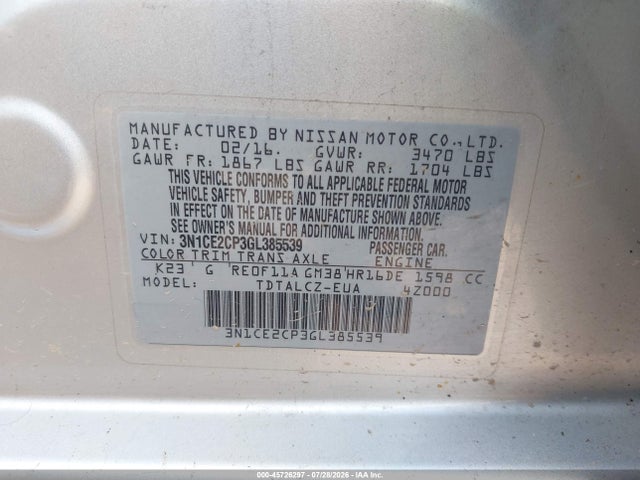 2016 Nissan Versa Note S Plus მანქანა იყიდება აუქციონზე, vin: 3N1CE2CP3GL385539, აუქციონის ნომერი: 45726297