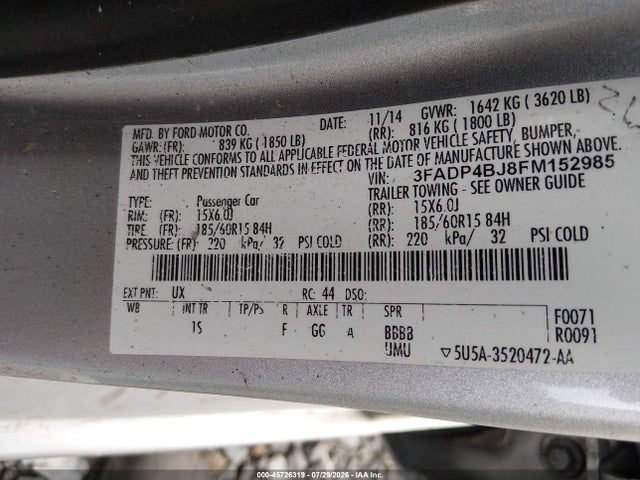 2015 Ford Fiesta Se მანქანა იყიდება აუქციონზე, vin: 3FADP4BJ8FM152985, აუქციონის ნომერი: 45726319