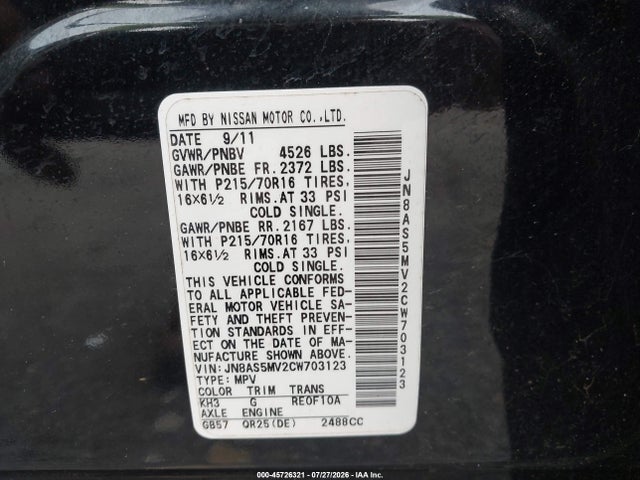 Aukcja sprzedaży 2012 Nissan Rogue S, vin: JN8AS5MV2CW703123, numer aukcji: 45726321