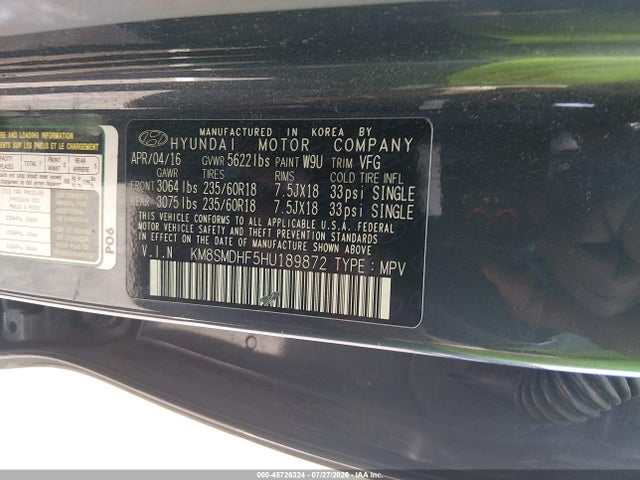 2017 Hyundai Santa Fe Se მანქანა იყიდება აუქციონზე, vin: KM8SMDHF5HU189872, აუქციონის ნომერი: 45726324
