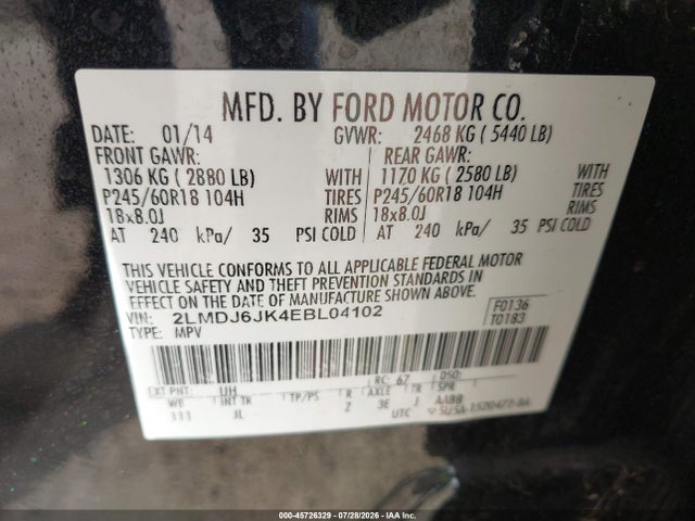 Aukcja sprzedaży 2014 Lincoln Mkx, vin: 2LMDJ6JK4EBL04102, numer aukcji: 45726329