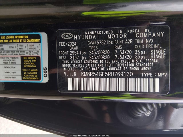 45726332 :رقم المزاد ، KM8R54GE5RU769130 vin ، 2024 Hyundai Palisade Limited مزاد بيع