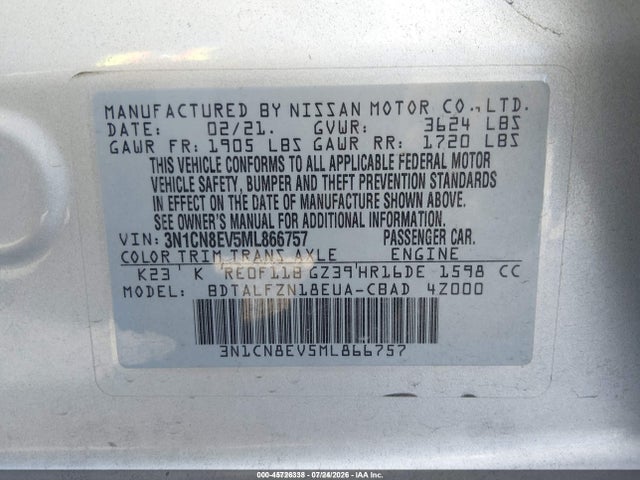 Продаж на аукціоні авто 2021 Nissan Versa Sv Xtronic Cvt, vin: 3N1CN8EV5ML866757, номер лоту: 45726338