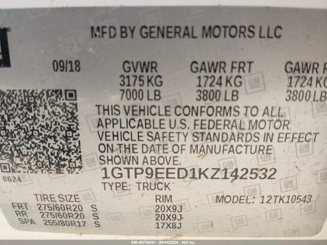 2019 Gmc Sierra 1500 At4 მანქანა იყიდება აუქციონზე, vin: 1GTP9EED1KZ142532, აუქციონის ნომერი: 45726341
