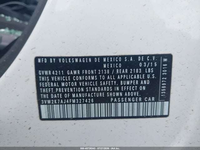 Продаж на аукціоні авто 2015 Volkswagen Jetta 2.0l S, vin: 3VW2K7AJ4FM327426, номер лоту: 45726343