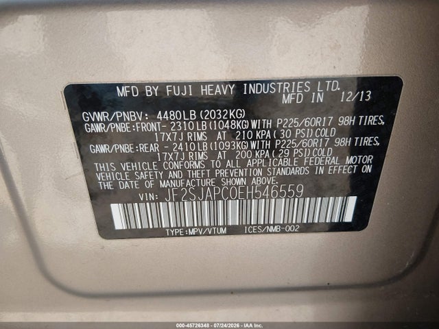 2014 Subaru Forester 2.5i Touring მანქანა იყიდება აუქციონზე, vin: JF2SJAPC0EH546559, აუქციონის ნომერი: 45726348