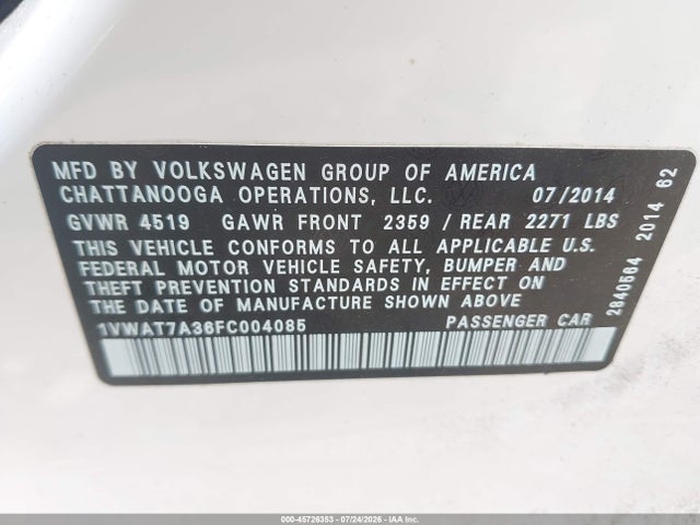 Продаж на аукціоні авто 2015 Volkswagen Passat 1.8t Wolfsburg Edition, vin: 1VWAT7A36FC004085, номер лоту: 45726353