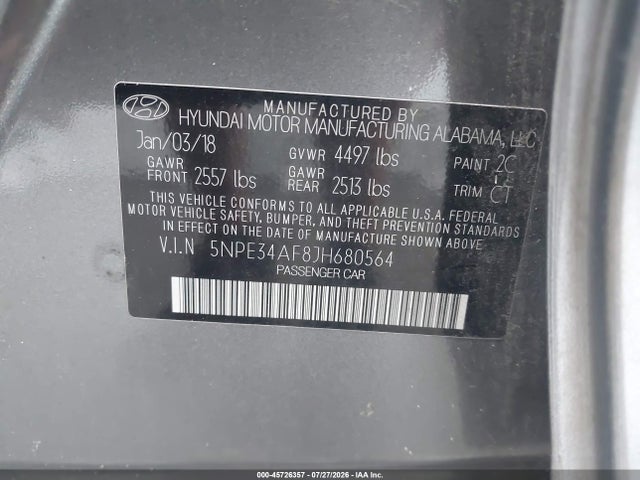 2018 Hyundai Sonata Sport მანქანა იყიდება აუქციონზე, vin: 5NPE34AF8JH680564, აუქციონის ნომერი: 45726357