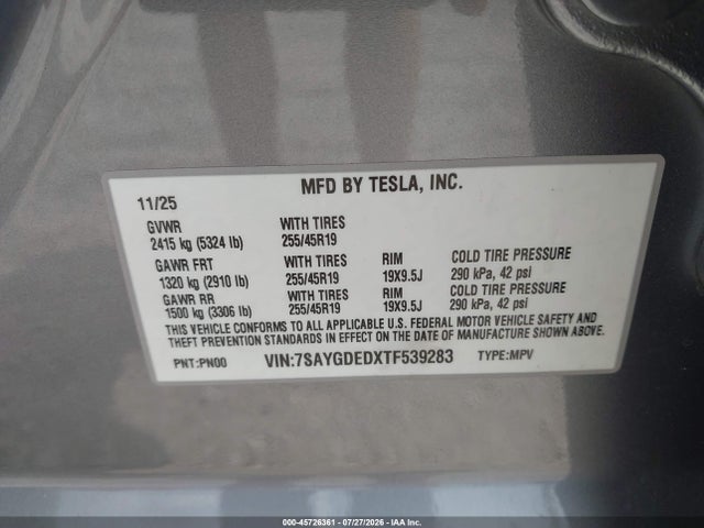 7SAYGDEDXTF539283 Tesla Model Y Premium Rear-wheel Drive/rear-wheel Drive