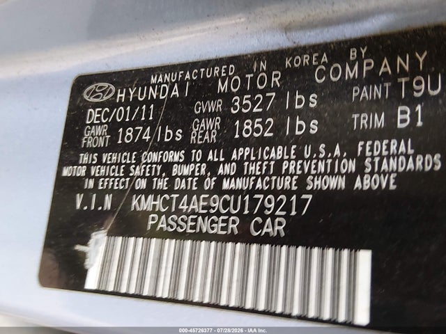 45726377 :رقم المزاد ، KMHCT4AE9CU179217 vin ، 2012 Hyundai Accent Gls مزاد بيع