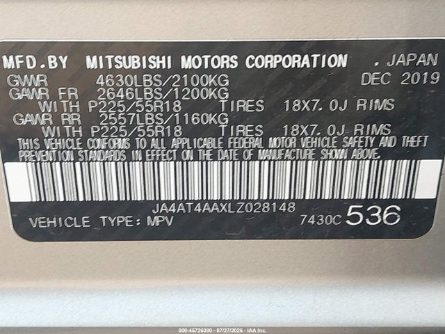 Aukcja sprzedaży 2020 Mitsubishi Eclipse Cross Le 1.5t Awc, vin: JA4AT4AAXLZ028148, numer aukcji: 45726380