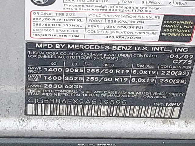 Продажа на аукционе авто 2009 Mercedes-benz Ml 350 4matic, vin: 4JGBB86EX9A519595, номер лота: 45726398