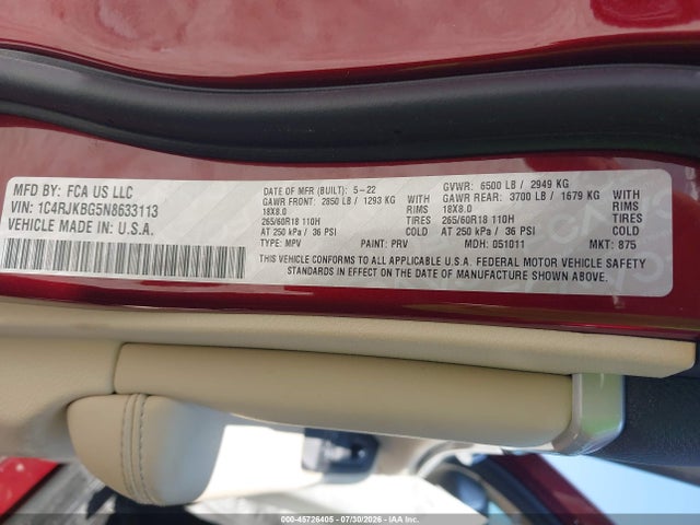 Продаж на аукціоні авто 2022 Jeep Grand Cherokee L Limited 4x4, vin: 1C4RJKBG5N8633113, номер лоту: 45726405