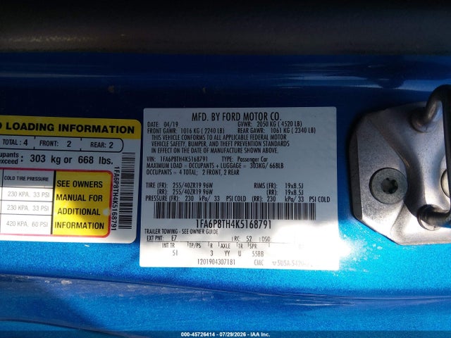 45726414 :رقم المزاد ، 1FA6P8TH4K5168791 vin ، 2019 Ford Mustang Ecoboost Premium مزاد بيع