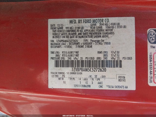 Продаж на аукціоні авто 2012 Ford Mustang V6, vin: 1ZVBP8AM5C5272620, номер лоту: 45726416