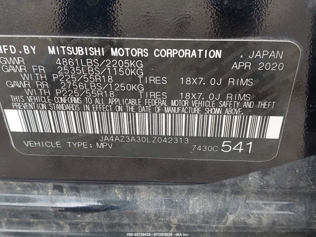 2020 Mitsubishi Outlander Sp 2.4 S-awc მანქანა იყიდება აუქციონზე, vin: JA4AZ3A30LZ042313, აუქციონის ნომერი: 45726424