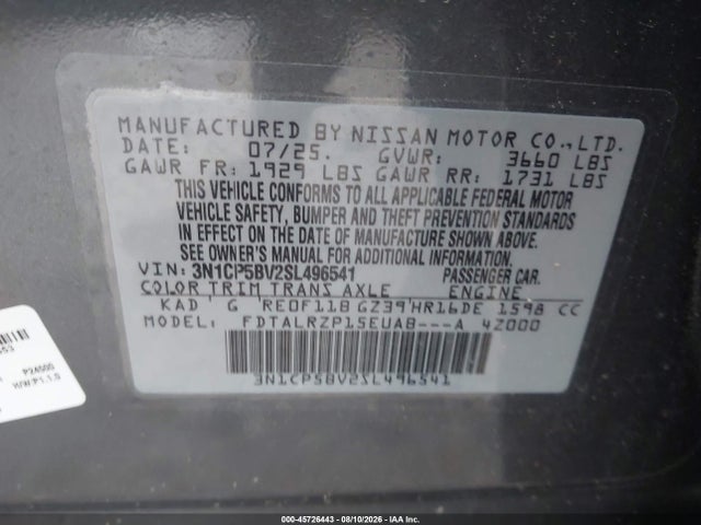 Продажа на аукционе авто 2025 Nissan Kicks Play S, vin: 3N1CP5BV2SL496541, номер лота: 45726443