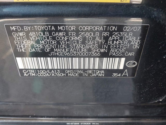 Aukcja sprzedaży 2007 Lexus Gs 350, vin: JTHCE96S370007366, numer aukcji: 45726449