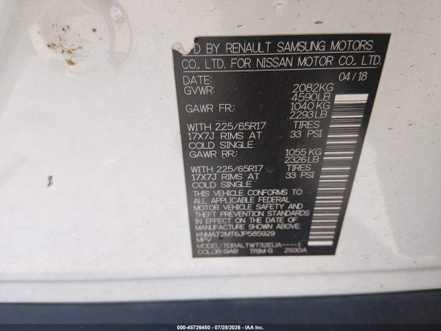 Aukcja sprzedaży 2018 Nissan Rogue Sv, vin: KNMAT2MT6JP585929, numer aukcji: 45726450