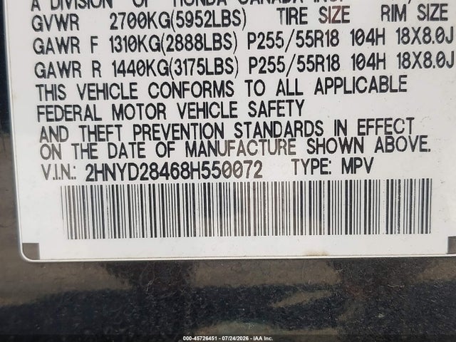 45726451 :رقم المزاد ، 2HNYD28468H550072 vin ، 2008 Acura Mdx Technology Package مزاد بيع