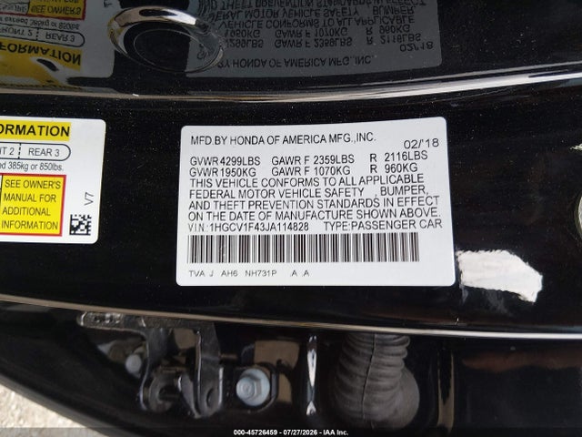 Honda ACCORD EX 2018 1HGCV1F43JA114828 Image 9