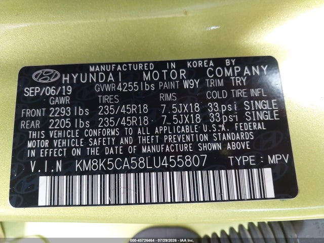 Продаж на аукціоні авто 2020 Hyundai Kona Ultimate, vin: KM8K5CA58LU455807, номер лоту: 45726464