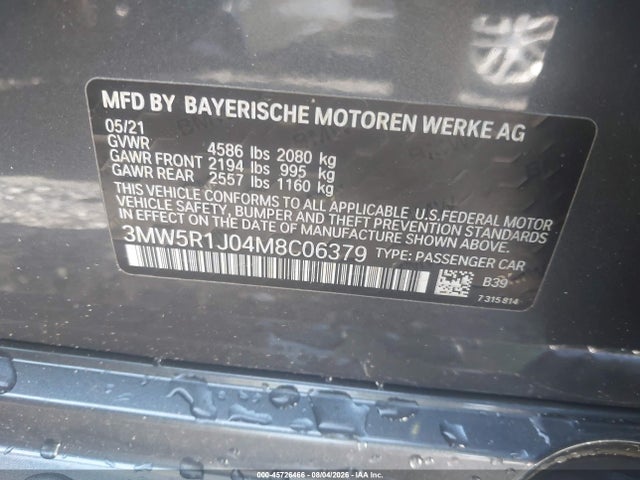2021 Bmw 330i მანქანა იყიდება აუქციონზე, vin: 3MW5R1J04M8C06379, აუქციონის ნომერი: 45726466
