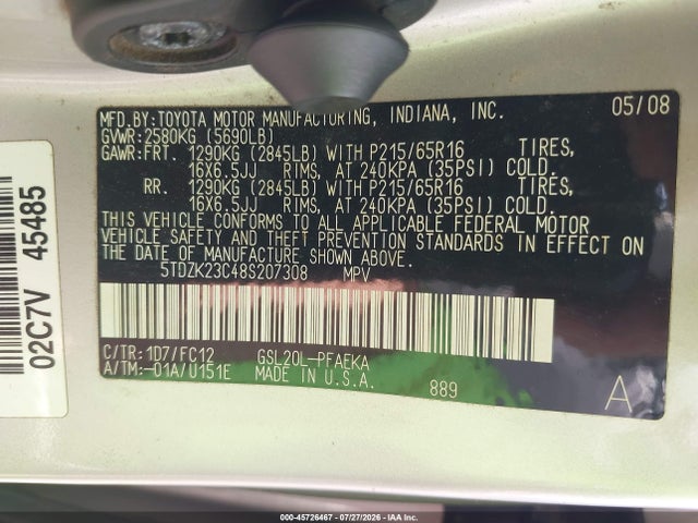 2008 Toyota Sienna Le მანქანა იყიდება აუქციონზე, vin: 5TDZK23C48S207308, აუქციონის ნომერი: 45726467