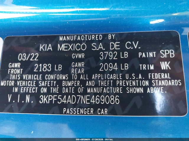 2022 Kia Forte Gt-line მანქანა იყიდება აუქციონზე, vin: 3KPF54AD7NE469086, აუქციონის ნომერი: 45726471