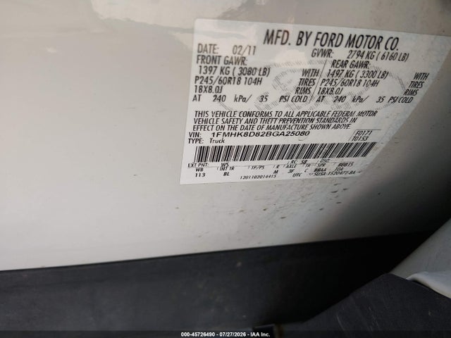 45726490 :رقم المزاد ، 1FMHK8D82BGA25080 vin ، 2011 Ford Explorer Xlt مزاد بيع