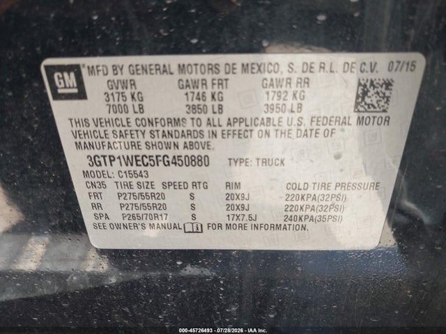 2015 Gmc Sierra 1500 Denali მანქანა იყიდება აუქციონზე, vin: 3GTP1WEC5FG450880, აუქციონის ნომერი: 45726493