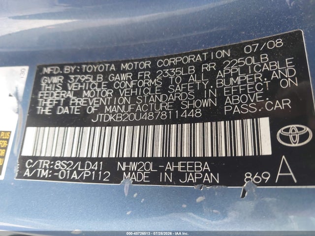 Aukcja sprzedaży 2008 Toyota Prius, vin: JTDKB20U487811448, numer aukcji: 45726513