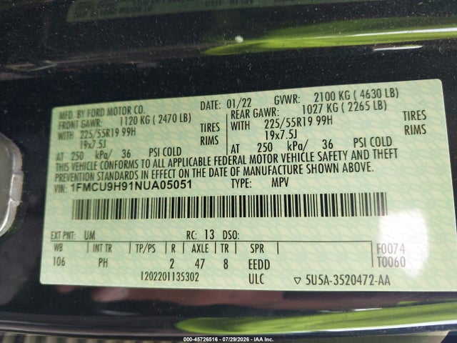 Продажа на аукционе авто 2022 Ford Escape Sel, vin: 1FMCU9H91NUA05051, номер лота: 45726516