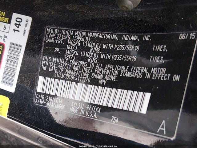 2015 Toyota Sienna Le 7 Passenger მანქანა იყიდება აუქციონზე, vin: 5TDJK3DC9FS111270, აუქციონის ნომერი: 45726530