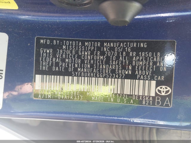 Aukcja sprzedaży 2016 Toyota Corolla S Plus, vin: 5YFBURHE6GP523427, numer aukcji: 45726534