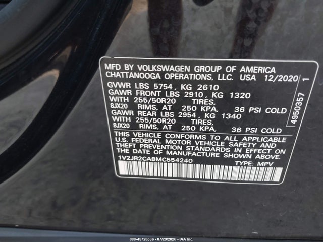 Aukcja sprzedaży 2021 Volkswagen Atlas 3.6l V6 Se W/technology, vin: 1V2JR2CA8MC554240, numer aukcji: 45726536